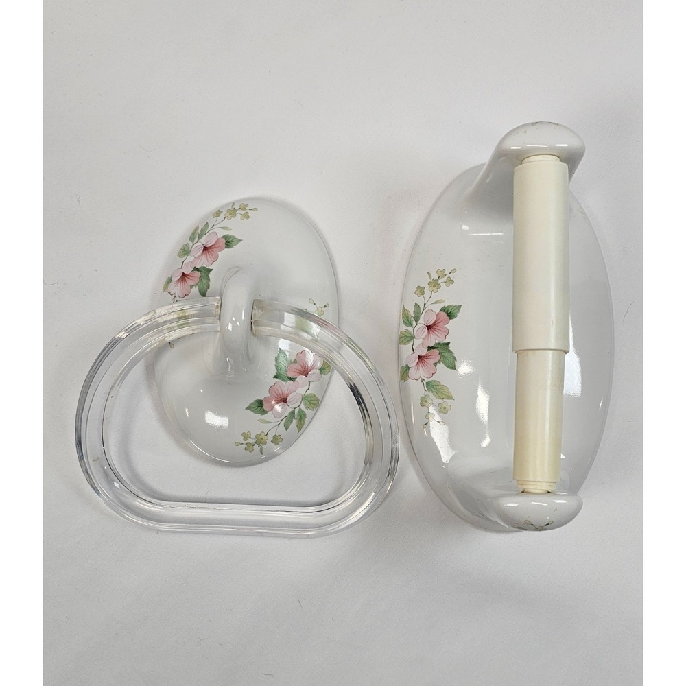 Lenape Pink Blossom Flowers Vintage White Ceramic Towel Ring Toilet Paper Holder